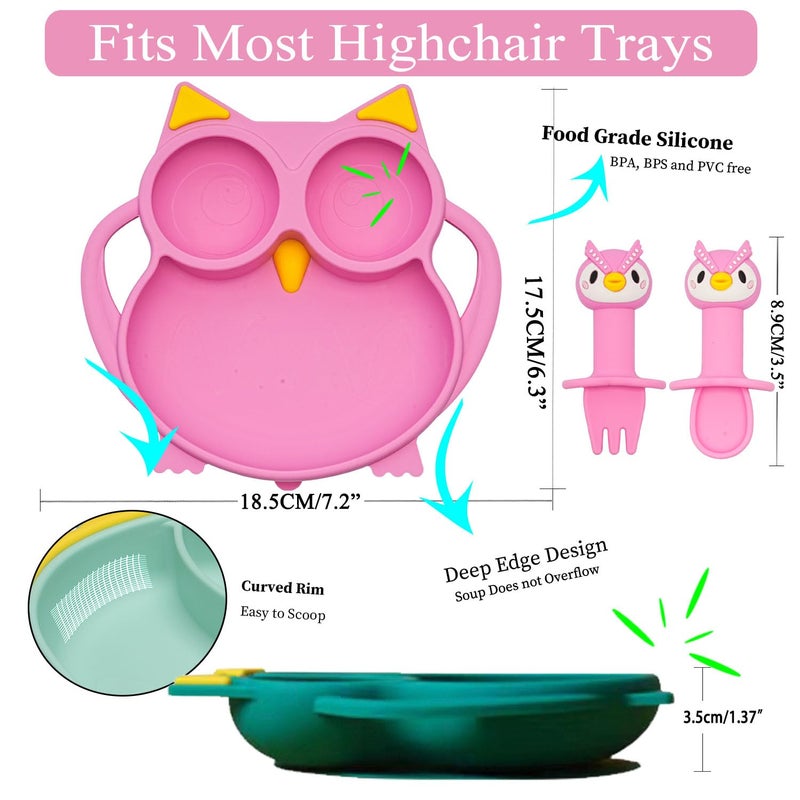 NICINGU Silicone Baby Feeding Set,Baby Led Weaning Supplies Baby Silicone Suction plate and bowl set,Toddler Self Feeding Dish with Spoons Forks Sippy Cup And Adjustable Bib for 6+ Months-Pink - Image 3